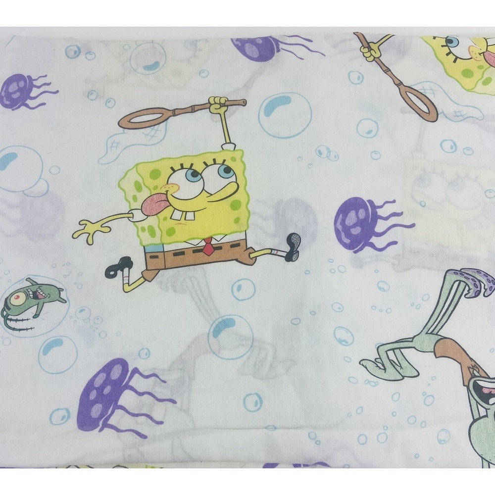 Vintage SpongeBob SquarePants White Twin Flat Sheet Jelly Fishing Nickelodeon
